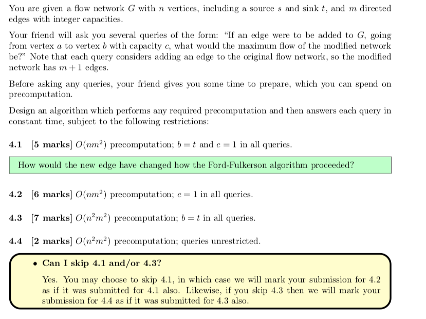 The Following Question Involves Maximum Flow Algorithms Namely Ford Fulkerson And Edmonds Karp Just Do Question 4 1 B 1