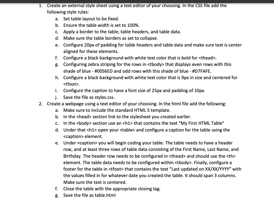 1 Create An External Style Sheet Using A Text Editor Of Your Choosing In The Css File Add The Following Style Rules A 1