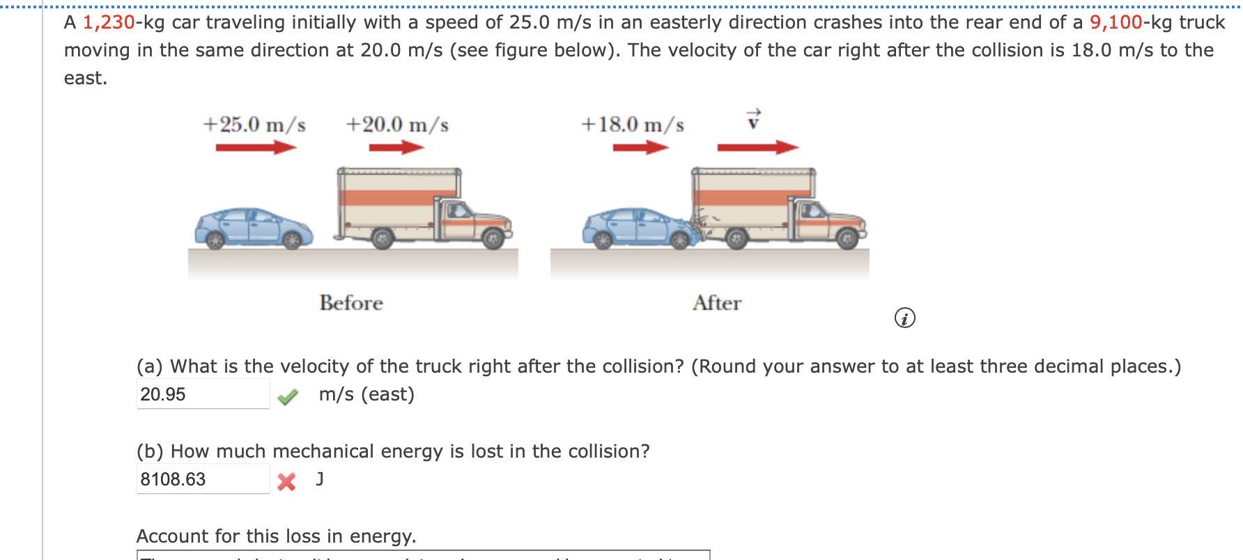 A 1 230 Kg Car Traveling Initially With A Speed Of 25 0 M S In An Easterly Direction Crashes Into The Rear End Of A 9 10 1