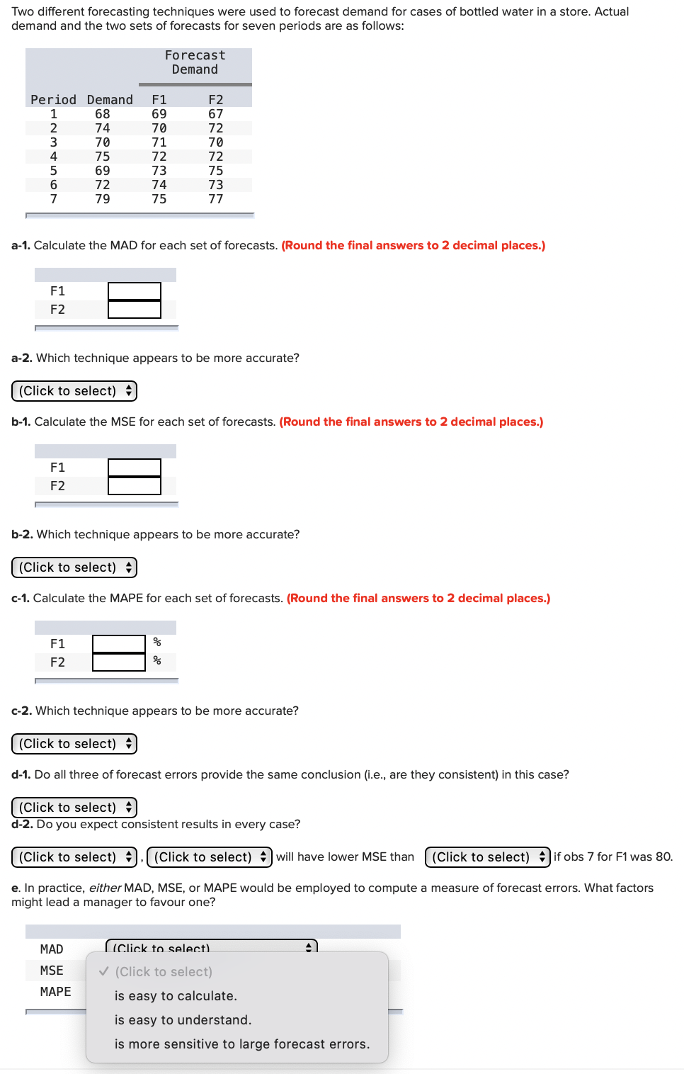 Two Different Forecasting Techniques Were Used To Forecast Demand For Cases Of Bottled Water In A Store Actual Demand A 1