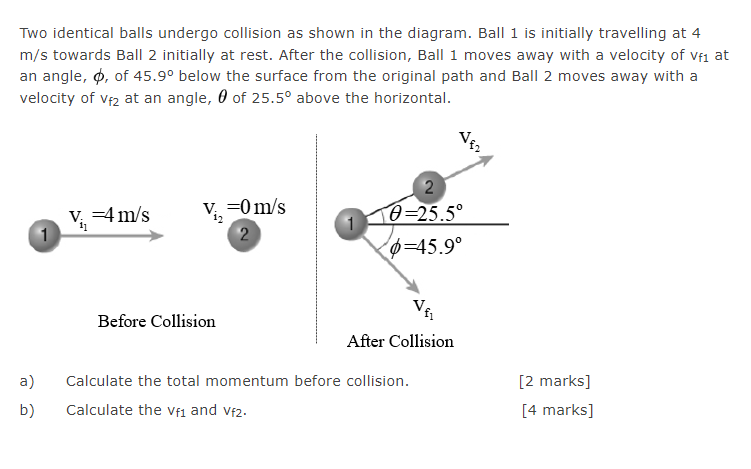 Two Identical Balls Undergo Collision As Shown In The Diagram Ball 1 Is Initially Travelling At 4 M S Towards Ball 2 In 1