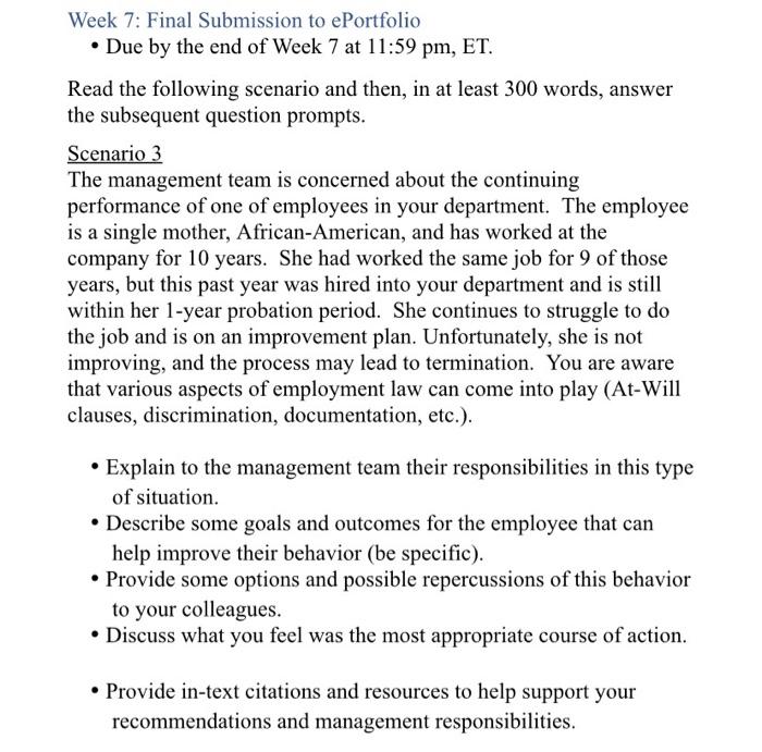 Week 7 Final Submission To Eportfolio Due By The End Of Week 7 At 11 59 Pm Et Read The Following Scenario And Then 1