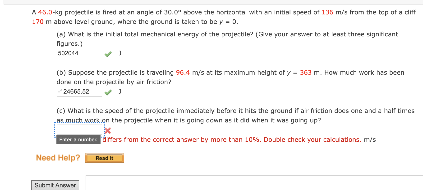 A 46 0 Kg Projectile Is Fired At An Angle Of 30 0 Above The Horizontal With An Initial Speed Of 136 M S From The Top Of 1