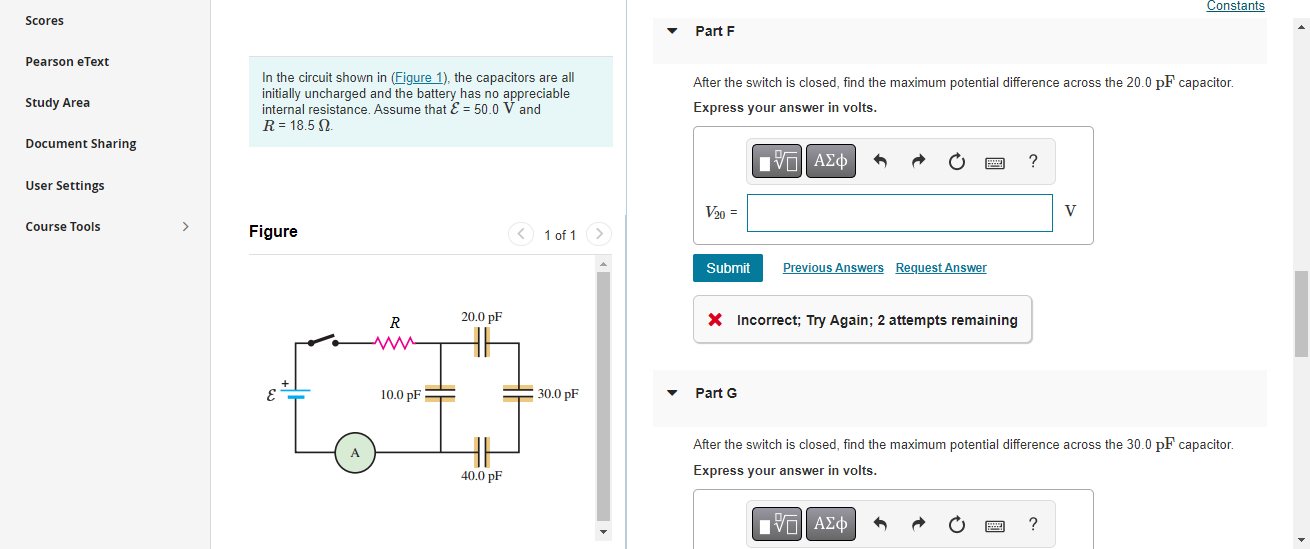 Scores Pearson Etext Study Area Document Sharing User Settings Course Tools In The Circuit Shown In Figure 1 The Capa 1