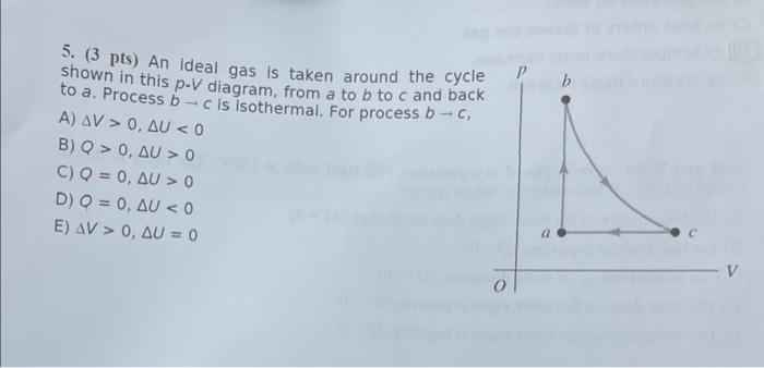 5 3 Pts An Ideal Gas Is Taken Around The Cycle P Shown In This P V Diagram From A To B To C And Back To A Process B 1