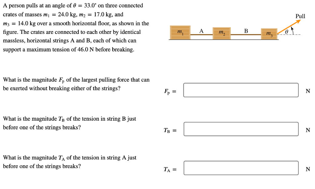 A Person Pulls At An Angle Of 0 33 0 On Three Connected Crates Of Masses M 24 0 Kg M 17 0 Kg And M3 14 0 Kg O 1