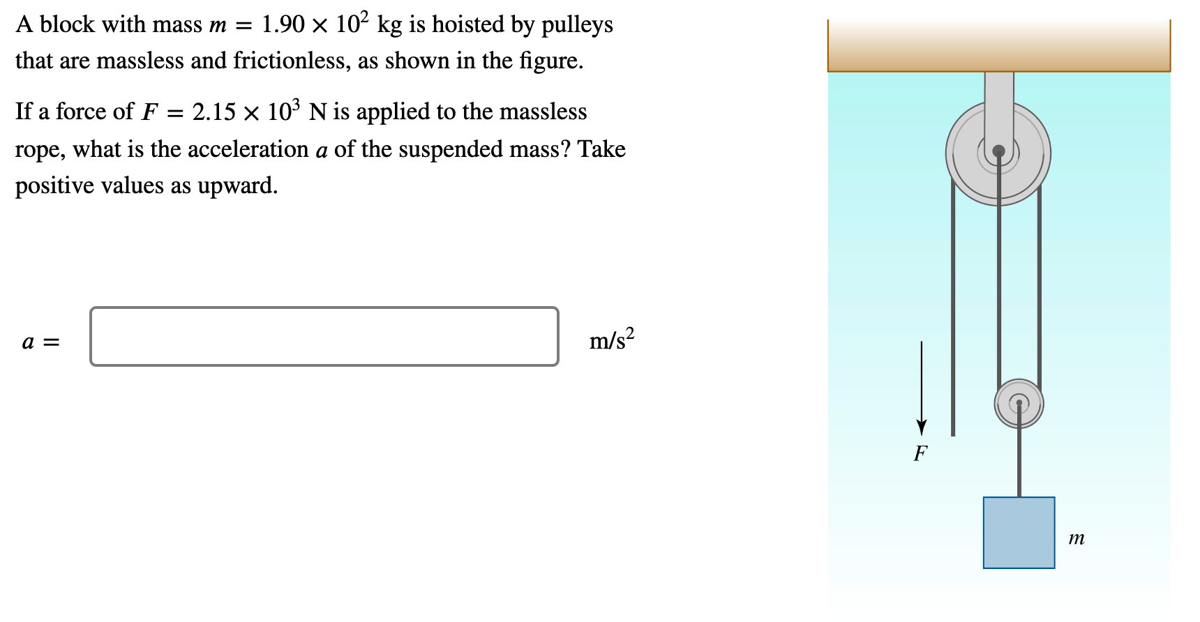 A Block With Mass M 1 90 10 Kg Is Hoisted By Pulleys That Are Massless And Frictionless As Shown In The Figure If 1