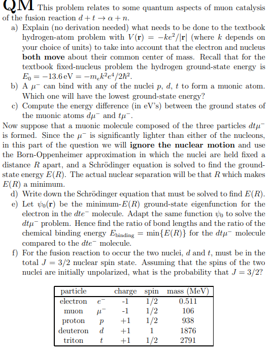 Qm This Problem Relates To Some Quantum Aspects Of Muon Catalysis Of The Fusion Reaction D T A N A Explain No Deriv 1