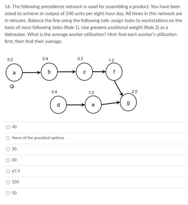 16 The Following Precedence Network Is Used For Assembling A Product You Have Been Asked To Achieve An Output Of 240 U 1