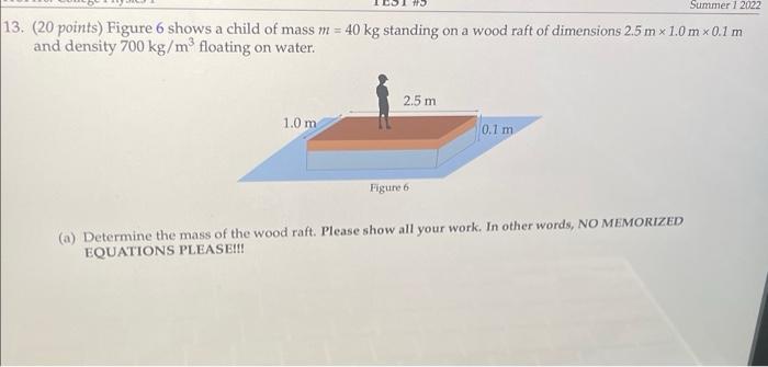 Summer 1 2022 13 20 Points Figure 6 Shows A Child Of Mass M 40 Kg Standing On A Wood Raft Of Dimensions 2 5 Mx 1 0 1