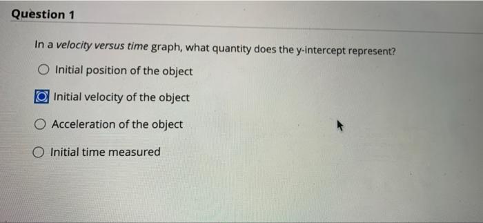 Question 1 In A Velocity Versus Time Graph What Quantity Does The Y Intercept Represent Initial Position Of The Object 1