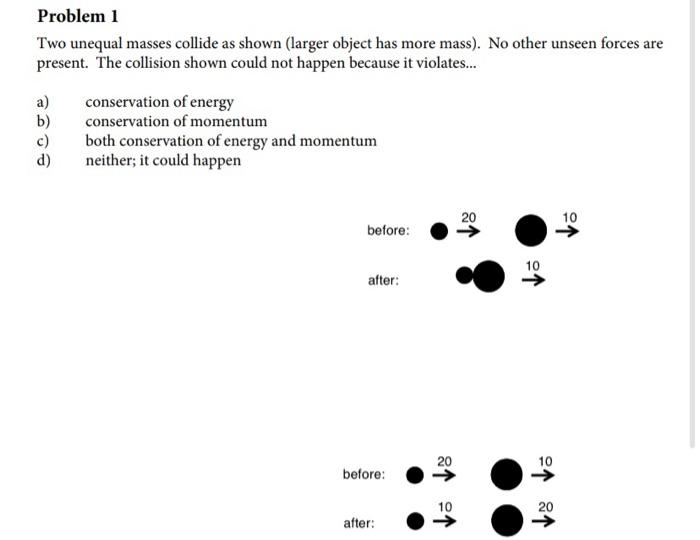 Problem 1 Two Unequal Masses Collide As Shown Larger Object Has More Mass No Other Unseen Forces Are Present The Col 1