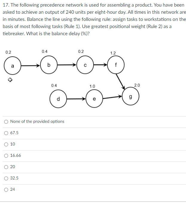 17 The Following Precedence Network Is Used For Assembling A Product You Have Been Asked To Achieve An Output Of 240 U 1