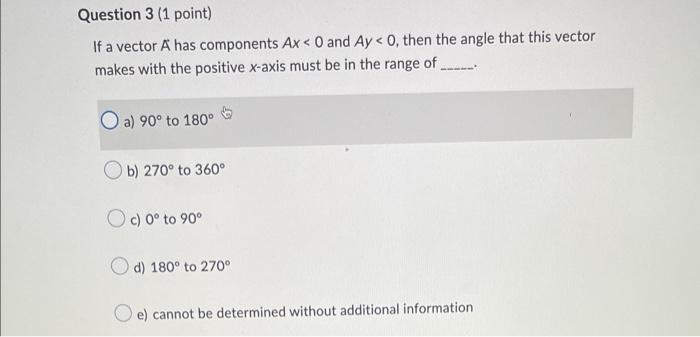 Question 3 1 Point If A Vector A Has Components Ax 0 And Ay 0 Then The Angle That This Vector Makes With The Posit 1