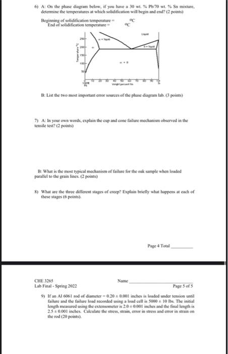 6 A On The Phase Diagram Below If You Have A 30 Wt Pb 70 Wt Sn Mixture Determine The Temperatures At Which Sol 1