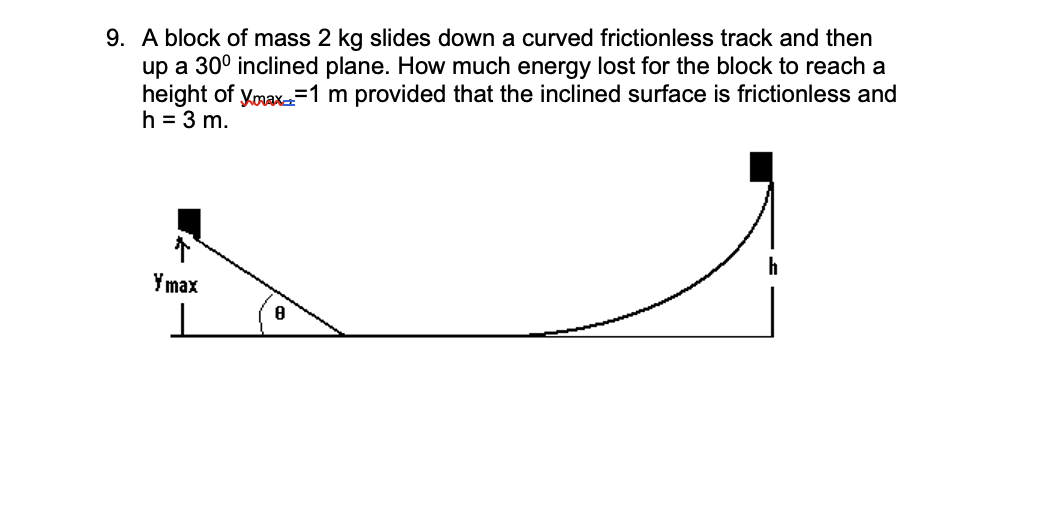 9 A Block Of Mass 2 Kg Slides Down A Curved Frictionless Track And Then Up A 30 Inclined Plane How Much Energy Lost F 1