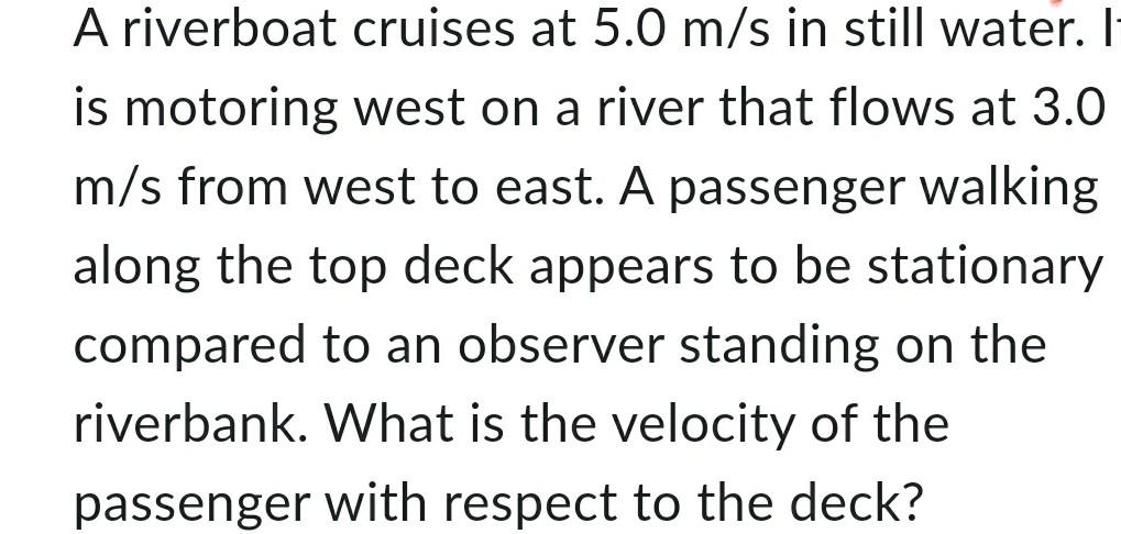 A Riverboat Cruises At 5 0 M S In Still Water It Is Motoring West On A River That Flows At 3 0 M S From West To East A 1