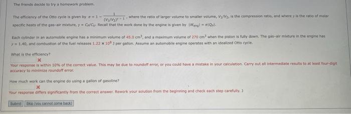 The Friends Decide To Try A Homework Problem The Efficiency Of The Otto Cycle Is Given By E 1 Specific Heats Of The Ga 1