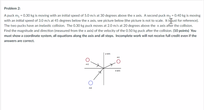 Problem 2 A Puck M 0 30 Kg Is Moving With An Initial Speed Of 5 0 M S At 30 Degrees Above The X Axis A Second Puck 1