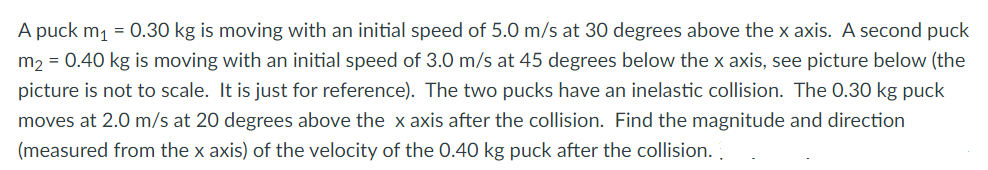 A Puck M 0 30 Kg Is Moving With An Initial Speed Of 5 0 M S At 30 Degrees Above The X Axis A Second Puck M 0 40 K 1