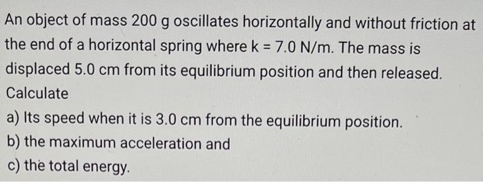 An Object Of Mass 200 G Oscillates Horizontally And Without Friction At The End Of A Horizontal Spring Where K 7 0 N M 1