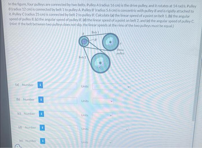 In The Figure Four Pulleys Are Connected By Two Belts Pulley A Radius 16 Cm Is The Drive Pulley And It Rotates At 1 1