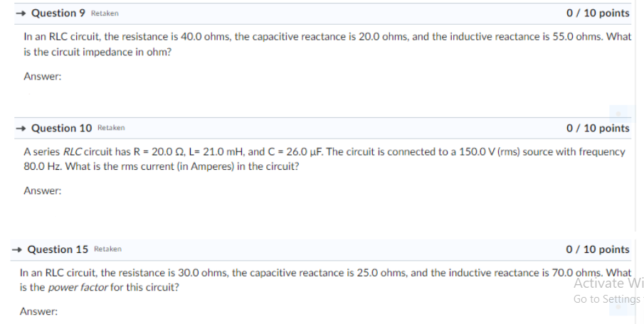 Question 9 Retaken 0 10 Points In An Rlc Circuit The Resistance Is 40 0 Ohms The Capacitive Reactance Is 20 0 Ohms 1