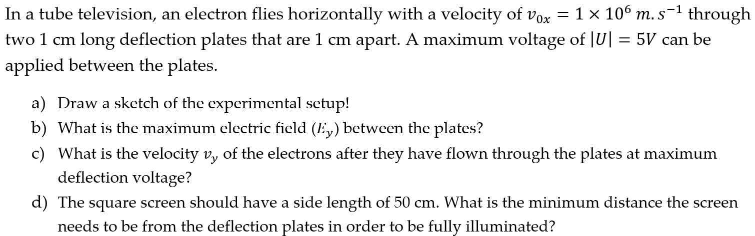 1 106 M S Through In A Tube Television An Electron Flies Horizontally With A Velocity Of Vox Two 1 Cm Long Defle 1