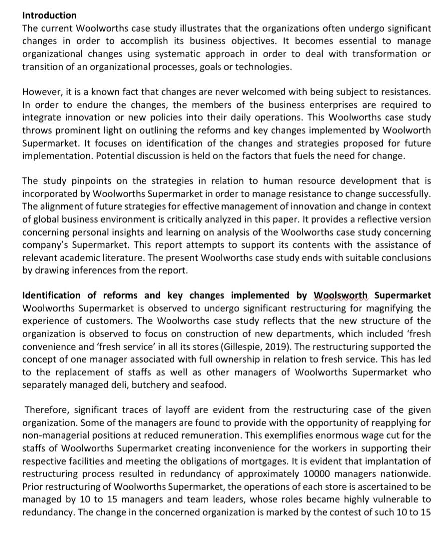 Introduction The Current Woolworths Case Study Illustrates That The Organizations Often Undergo Significant Changes In O 1