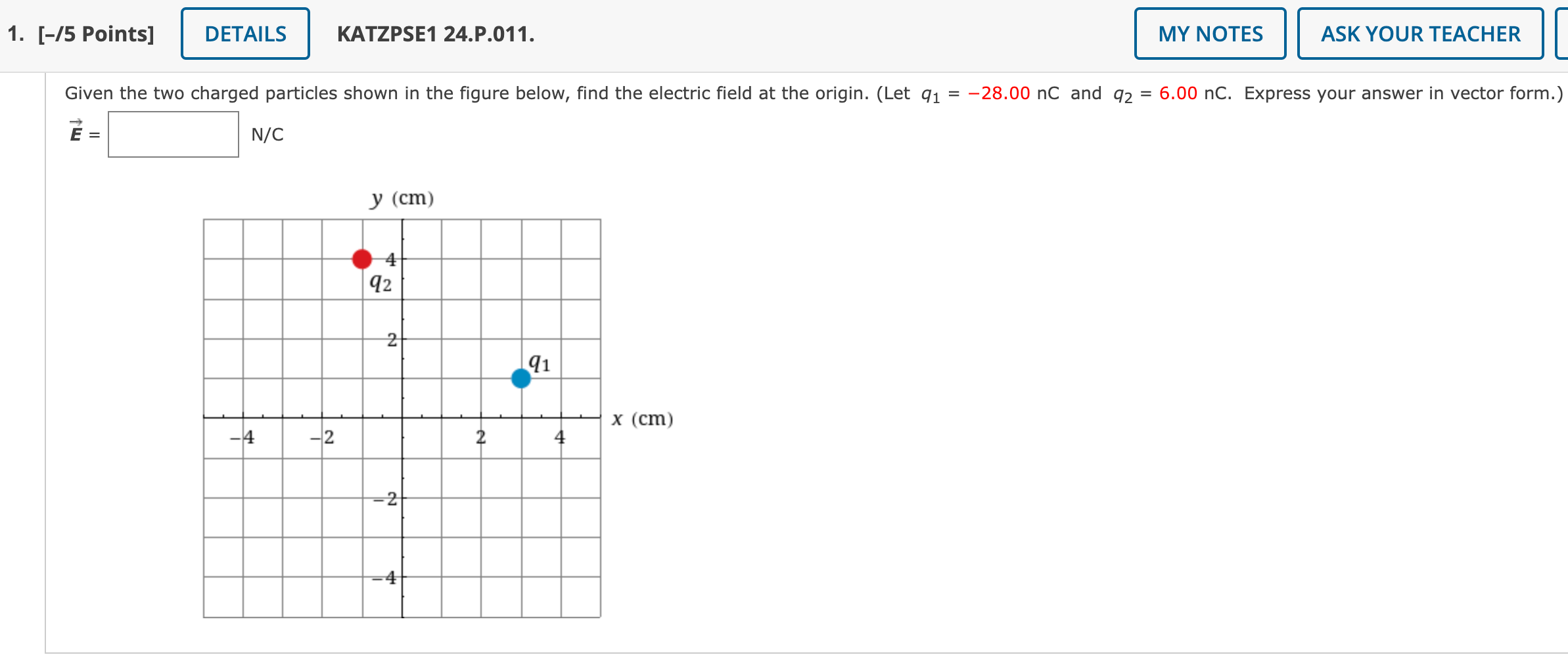 1 5 Points Details N C 4 Katzpse1 24 P 011 Given The Two Charged Particles Shown In The Figure Below Find The Ele 1