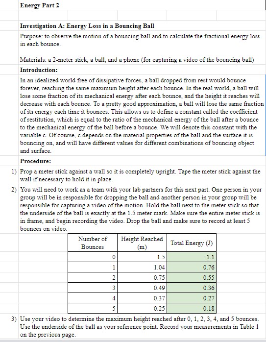 I Need Help With The Second Part At The Bottom Investigation B Energy Loss Due To Air Resistance 1