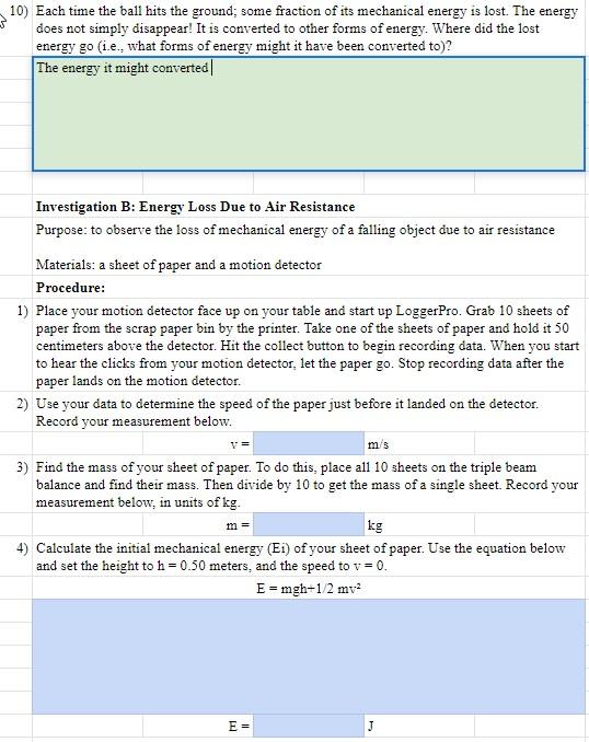 I Need Help With The Second Part At The Bottom Investigation B Energy Loss Due To Air Resistance 4
