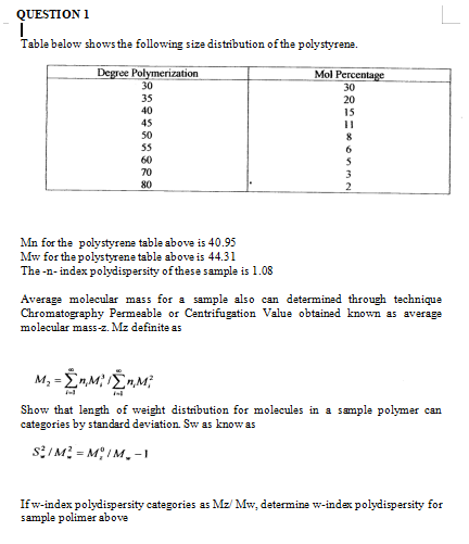 Question Table Below Shows The Following Size Distribution Of The Polystyrene 1 Degree Polymerization 30 35 40 45 50 1