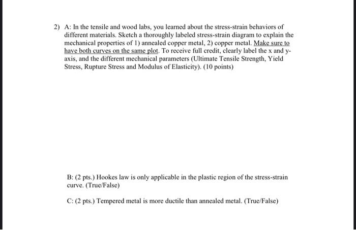 2 A In The Tensile And Wood Labs You Learned About The Stress Strain Behaviors Of Different Materials Sketch A Thoro 1
