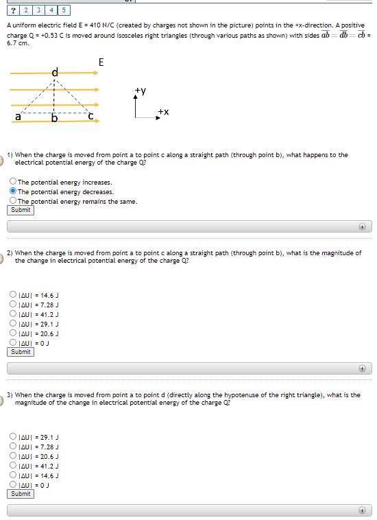 2 3 4 5 A Uniform Electric Field E 410 N C Created By Charges Not Shown In The Picture Points In The X Direction 1