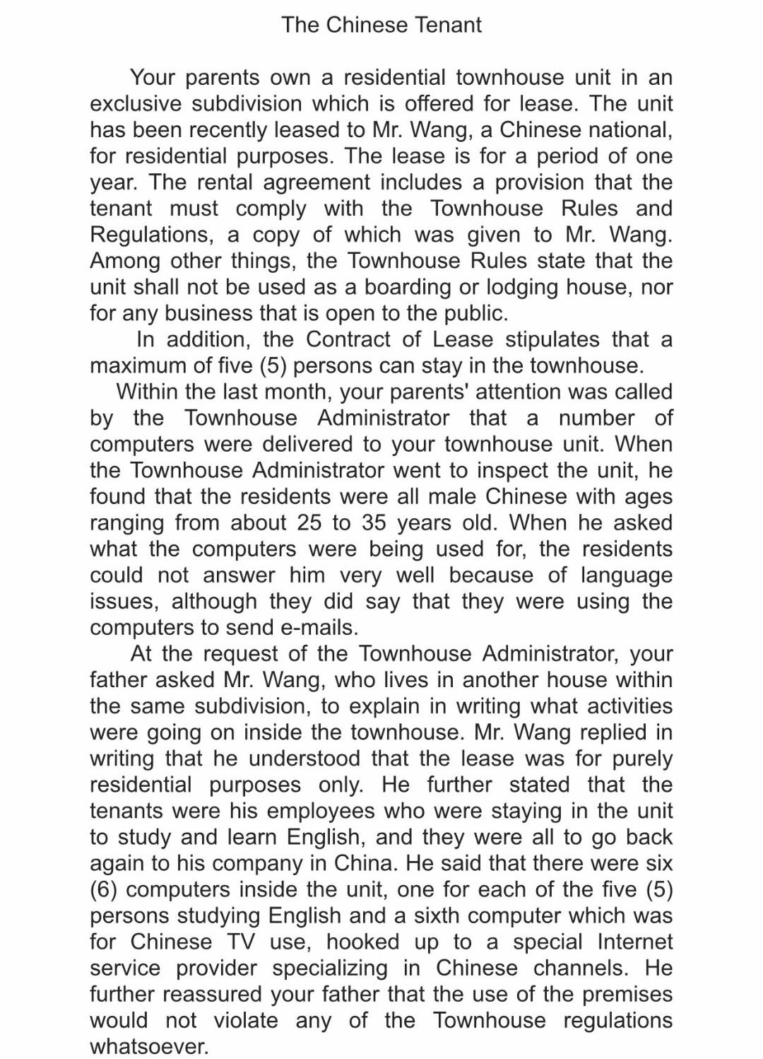 The Chinese Tenant Your Parents Own A Residential Townhouse Unit In An Exclusive Subdivision Which Is Offered For Lease 1