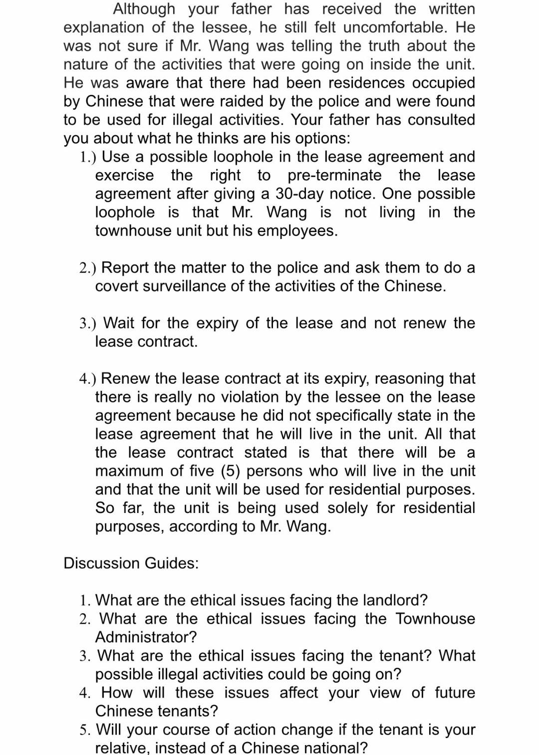 The Chinese Tenant Your Parents Own A Residential Townhouse Unit In An Exclusive Subdivision Which Is Offered For Lease 2