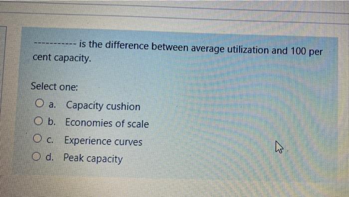 Is The Difference Between Average Utilization And 100 Per Cent Capacity Select One O A Capacity Cushion B Economies 1