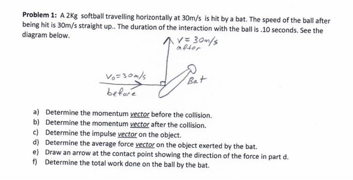 Problem 1 A 2kg Softball Travelling Horizontally At 30m S Is Hit By A Bat The Speed Of The Ball After Being Hit Is 30m 1