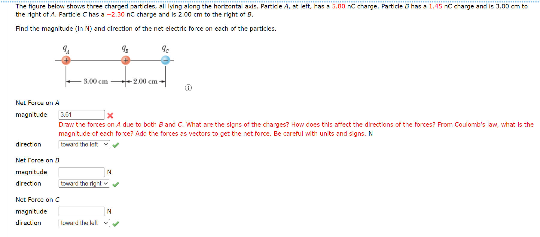 The Figure Below Shows Three Charged Particles All Lying Along The Horizontal Axis Particle A At Left Has A 5 80 Nc 1
