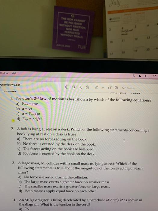 Vindow Help Dynamics Ws Pdf Tuulili The Gem Cannot Tue 17 C The Forces Acting On The Book Are Balanced D No Force Is 1
