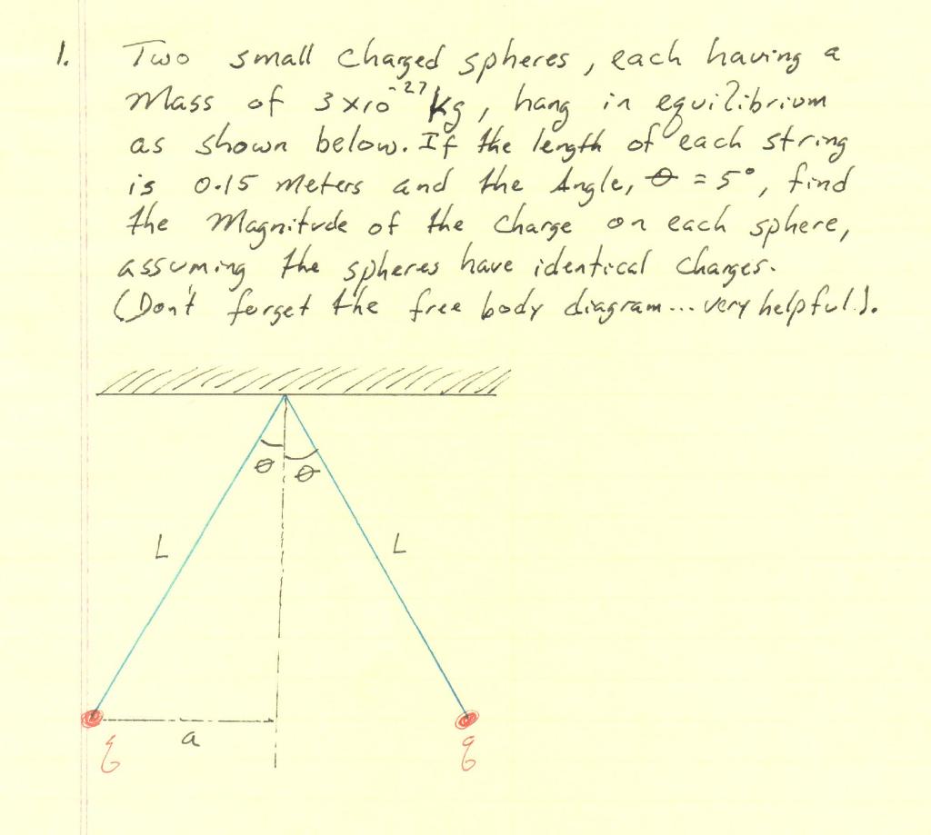 1 27 Two Small Charged Spheres Each Having Mass Of 3x10 7kg Hang In Equilibrium As Shown Below If The Length Of Ea 1