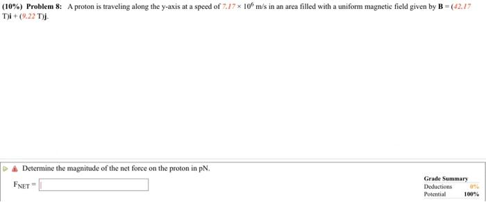 10 Problem 8 A Proton Is Traveling Along The Y Axis At A Speed Of 7 17 X 106 M S In An Area Filled With A Uniform Ma 1