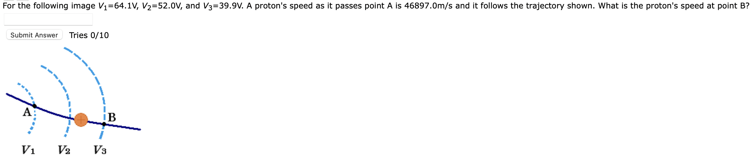 For The Following Image V 64 1v V 52 0v And V3 39 9v A Proton S Speed As It Passes Point A Is 46897 0m S And It Fol 1
