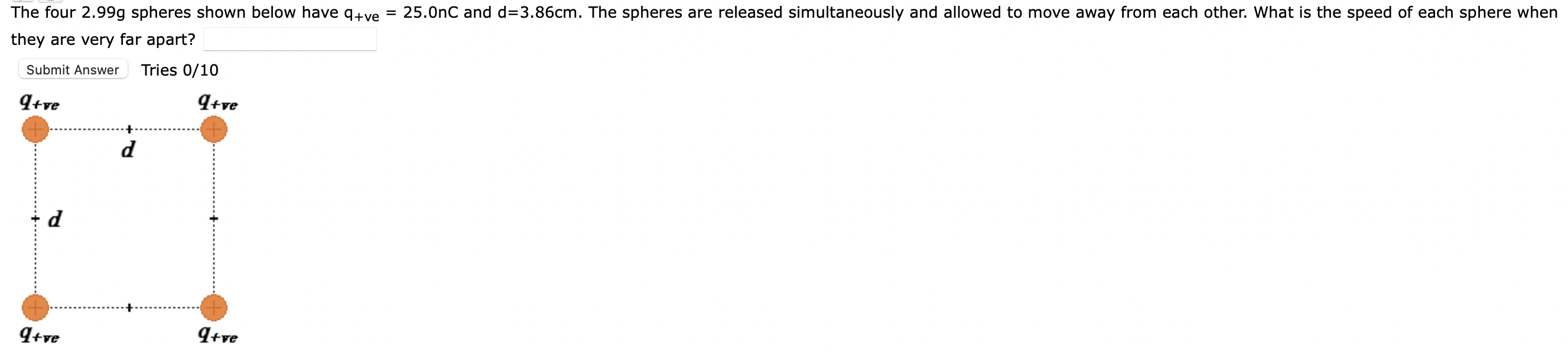 The Four 2 99g Spheres Shown Below Have Q Ve They Are Very Far Apart Submit Answer Tries 0 10 Q Ve D Q Ve D Q Ve Q Ve 1