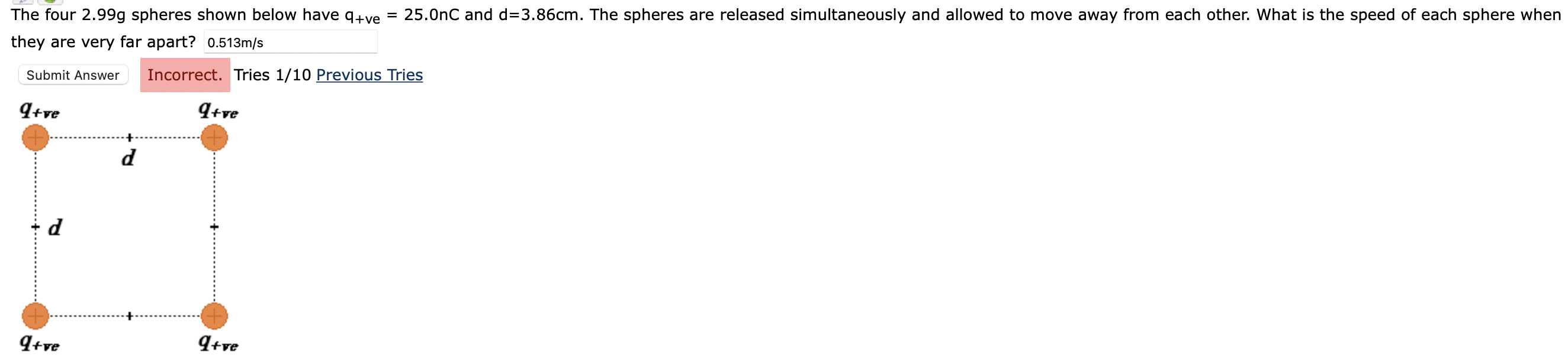 The Four 2 99g Spheres Shown Below Have Q Ve They Are Very Far Apart 0 513m S Submit Answer Incorrect Tries 1 10 Previ 1