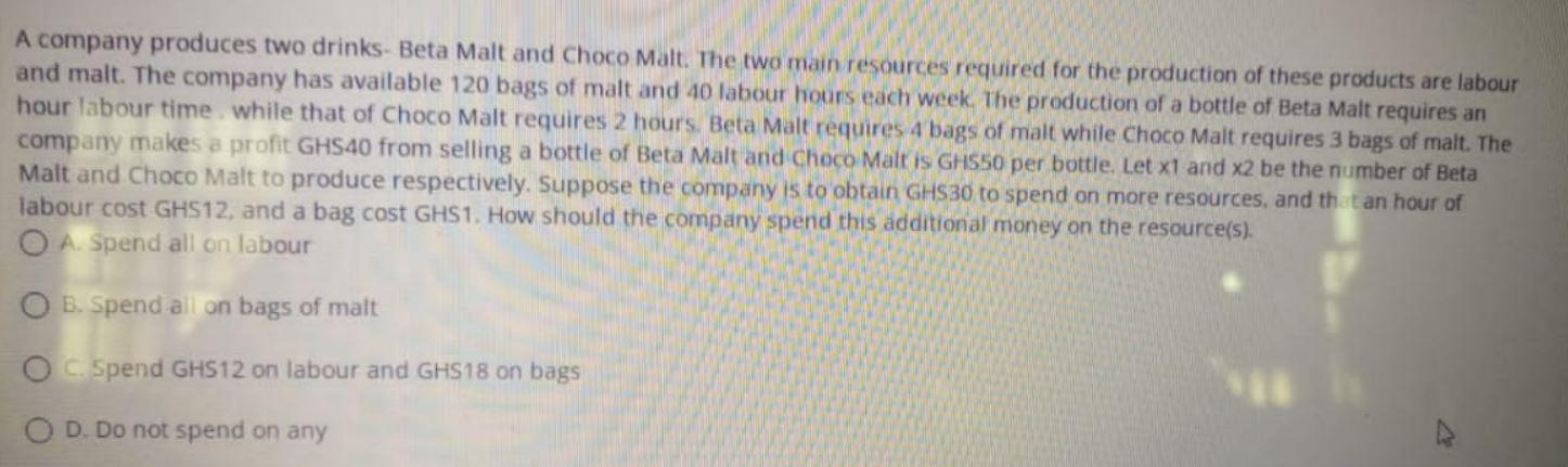 A Company Produces Two Drinks Beta Malt And Choco Malt The Two Main Resources Required For The Production Of These Pro 1