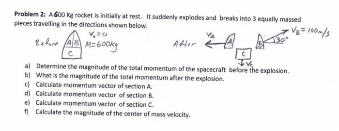 Problem 2 A 600 Kg Rocket Is Initially At Rest It Suddenly Explodes And Breaks Into 3 Equally Massed Pieces Travelling 1