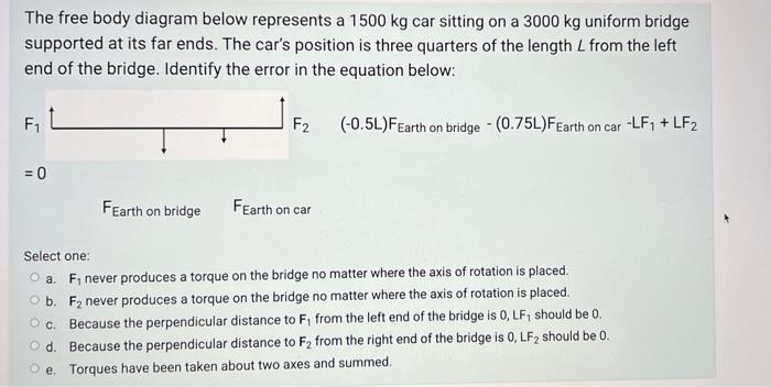 The Free Body Diagram Below Represents A 1500 Kg Car Sitting On A 3000 Kg Uniform Bridge Supported At Its Far Ends The 1