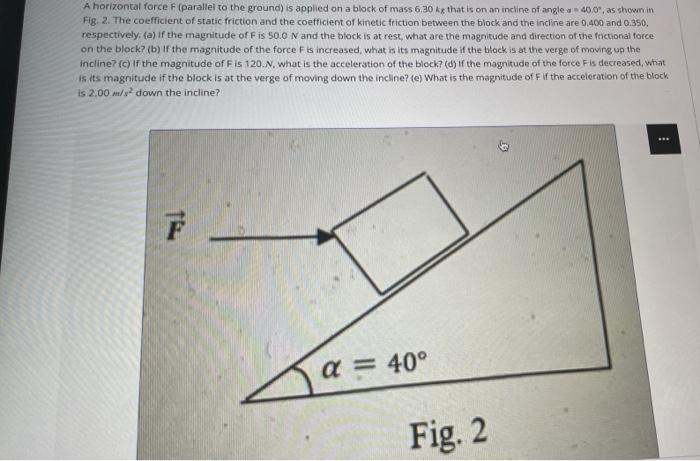 A Horizontal Force F Parallel To The Ground Is Applied On A Block Of Mass 6 30 Kg That Is On An Incline Of Angle 40 0 1